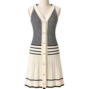 Anthropologie Lia Molly New Orleans Hooded Sweater Vest Dress In Cream Navy Sz M